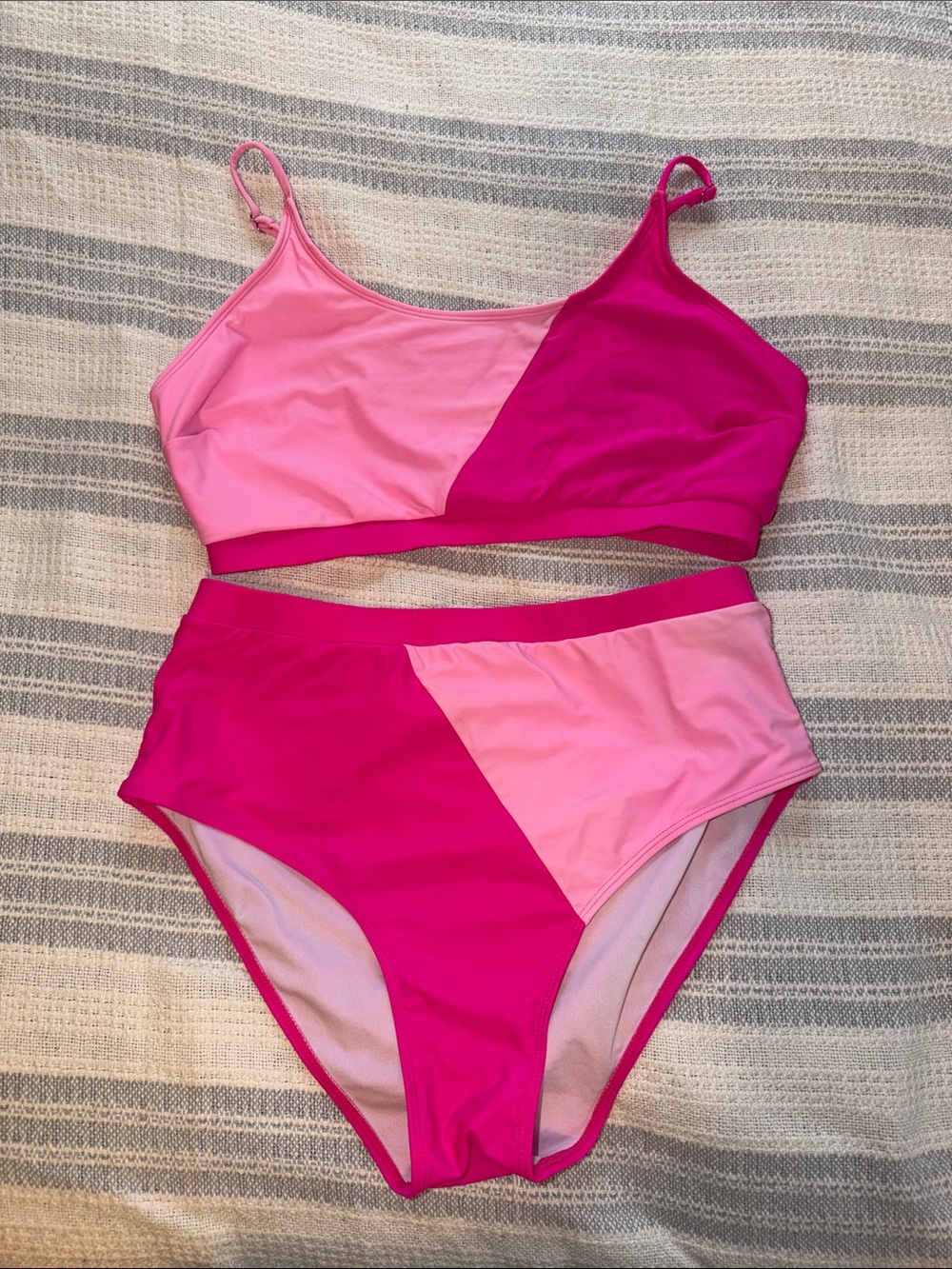 SHEIN Pink Two-Tone Colorblock High-Waist Bikini Set